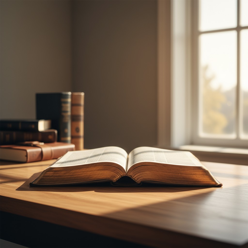 A room with a table and open book with other books nearby, some of which are leather bound.