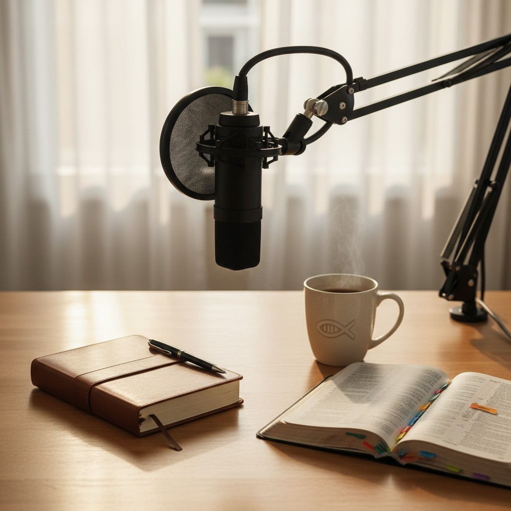 A wood table holds a book, open and unopen, revealing a fish symbol on a white coffee mug, a blocked black pen, and a dark...