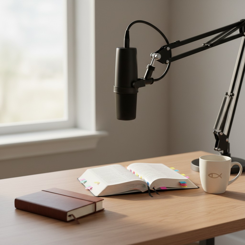 A beige desk with various items on it, including a white mug with a fish symbol.