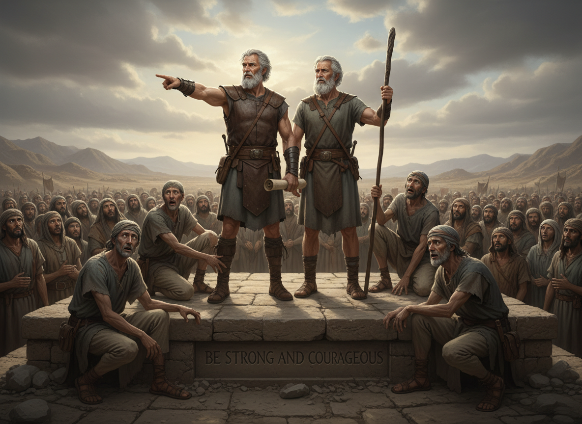 A fit, older Joshua and his equally strong friend Caleb, both exuding strength and vitality in old age, stand confidently before the nation of Israel. Surrounding them are 10 frightened spies. The scene conveys Joshua and Caleb boldly addressing the nation, while the other spies look worried and afraid.